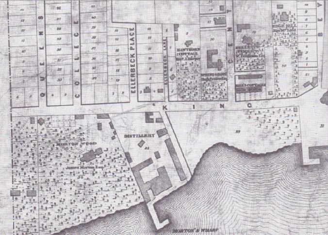 Detail of an 1865 map by John Innes showing the location of St. Helen's (Mortonwood) and other villas. Scanned from the book "Architecture of the Picturesque in Canada," p. 42.